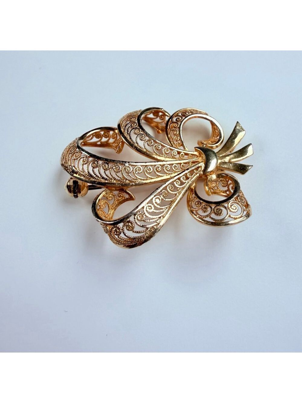 Fleur De Lis Filigree Gold Vermeil Wirework Sterling Silver VTG Brooch Germany - Picture 3 of 10